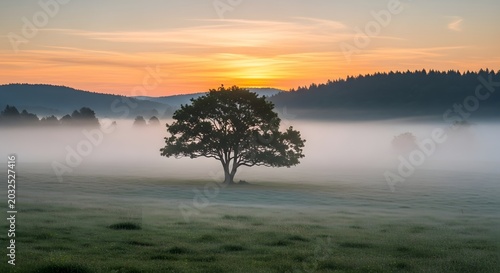 Lone majestic tree stands silhouetted against a misty sunrise illuminating rolling hills and a vast green meadow.