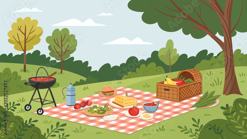 Summer picnic barbecue scene on a red checkered blanket with food basket and grill in a sunny park landscape illustration for outdoor leisure and family events