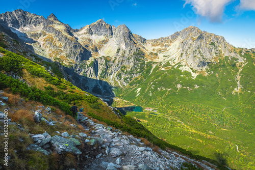 Zelene Pleso lake view from the hiking trail, High Tatras
