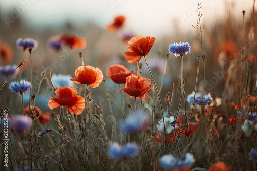 Close-up of field with bright red poppies and blue cornflowers, sunlit and blurred background