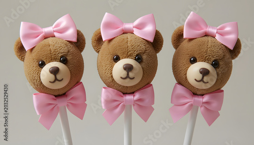 Adorable teddy bear cake pops with pink bows isolated on soft background. Cute sweet dessert concept for birthdays, baby showers, and bakery designs.
