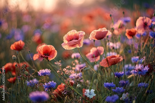 Field of delicate, colorful wildflowers bathed in warm sunlight, creating a soft, dreamlike atmosphere