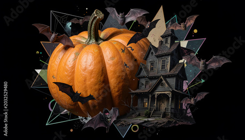 Creative Halloween composition featuring a carved jack-o’-lantern pumpkin, flying bats, and a spooky haunted Victorian house with geometric abstract elements on a purple background. Stylish fantasy, 