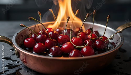Close-up of fresh red cherries flambéed in a copper pan with dramatic flames and steam. Luxurious gourmet dessert concept with rich colors, cinematic lighting, and high-detail food photography. photo