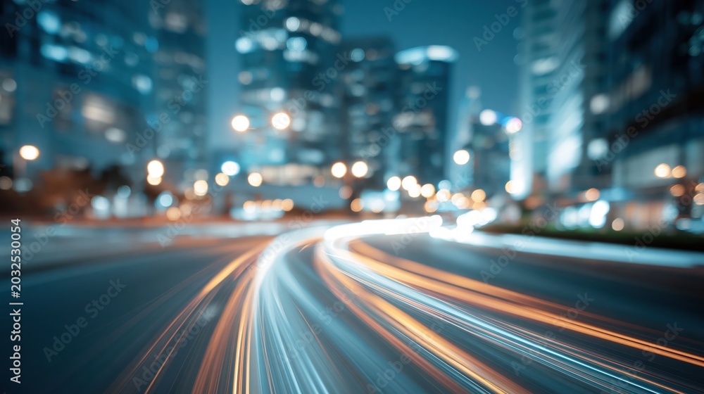 Fototapeta premium Blurred light trails from vehicles on a city street at night, creating a sense of motion and urban energy
