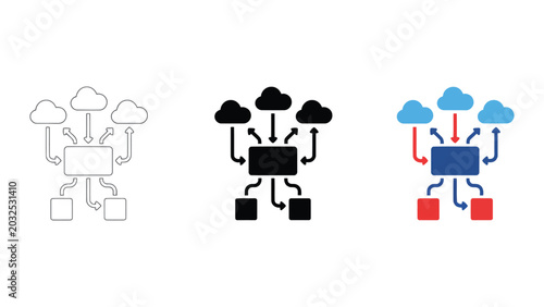 Foto Cloud computing network infrastructure icons set showing central server with con
