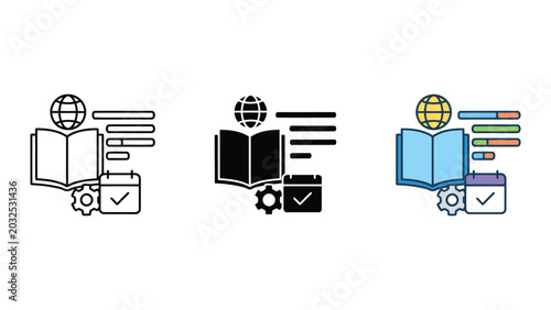 Photos Education icons showing global learning research and planning with book calendar