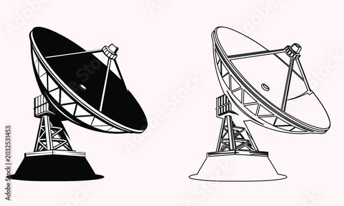 Bild auf Leinwand Silhouette and line art illustration of a large satellite parabolic antenna dish, vector communication technology concept on a light background