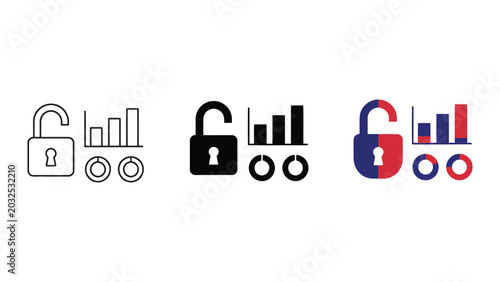 Data security unlocked with open padlock and ascending bar graph icons representing access and analysis