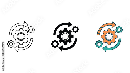 Process automation gears and circular arrows icon set for workflow optimization