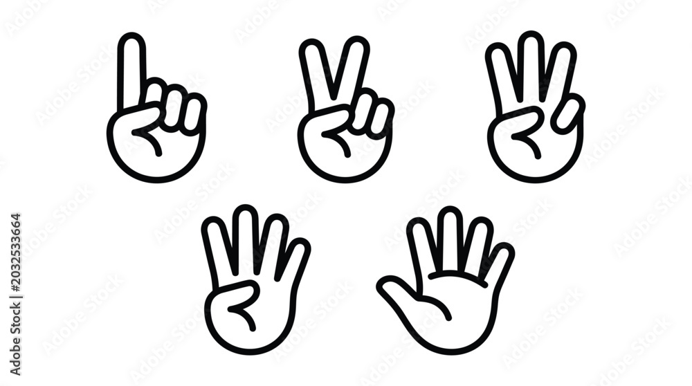 Fototapeta premium Set of hand gestures showing numbers one through five as simple black and white icons