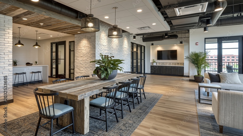 Fototapeta premium Modern Co-working Space with Rustic Dining Table, Comfortable Seating, and Urban Office Ambiance
