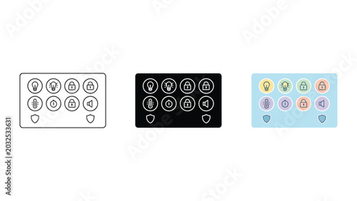 Smart home control panel with icons for lights temperature lock and sound symbolizing home automation and security vector illustration
