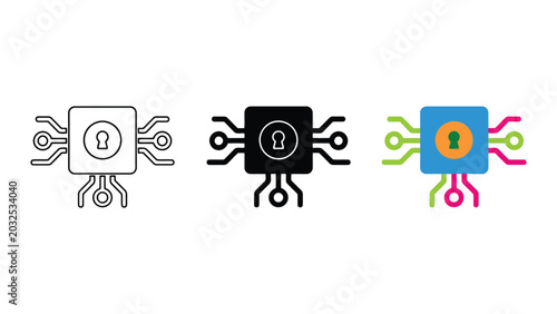 Tableau sur toile Secure microprocessor and digital identity chip icons with lock symbols and circ
