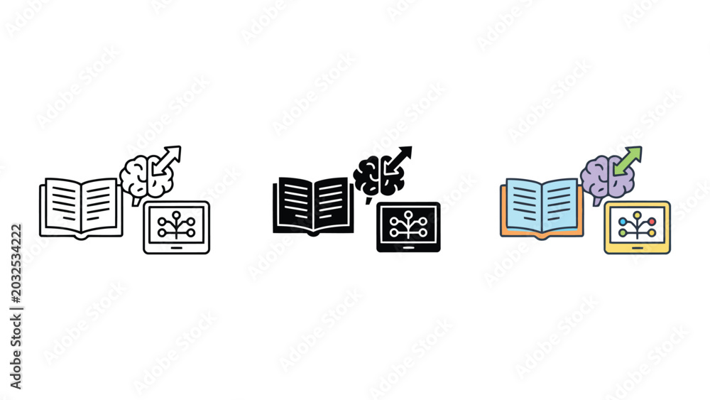 Naklejka premium Artificial intelligence learning process with open book brain and network diagram icon vector graphic