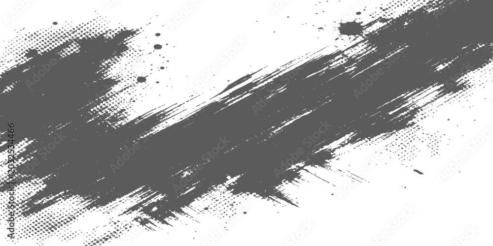 Obraz premium Dark gray brush stroke vector illustration with splatters and halftone effect on white background for creative design