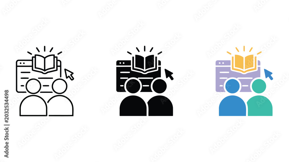 Fototapeta premium Educational software interface icons with book and user avatars in outline solid and flat styles for e-learning platforms