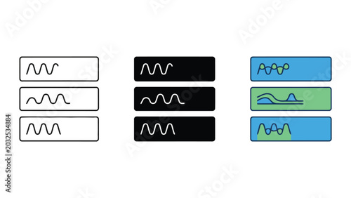 Tableau sur toile Three horizontal bars showing fluctuating wave patterns representing data analys