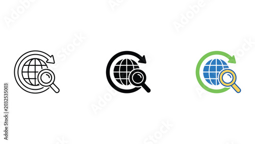 Bilde på lerret Magnifying glass over globe with circular arrow indicating global search interne
