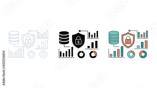 Secure database icon with lock and data analysis charts