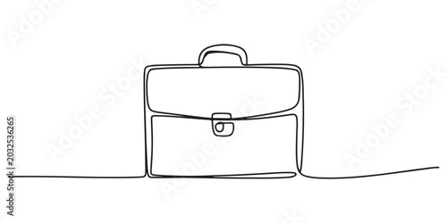 A business briefcase drawn in a continuous single line art style, a minimalist black and white graphic representing corporate work, career, and professional concepts