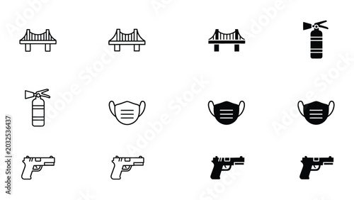 Photography Collection of icons depicting infrastructure, safety, and weaponry elements