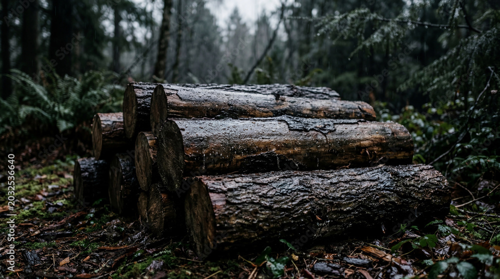 Fototapeta premium Natural wood logs under soft rain droplets showcasing wet bark texture and moody lighting environment