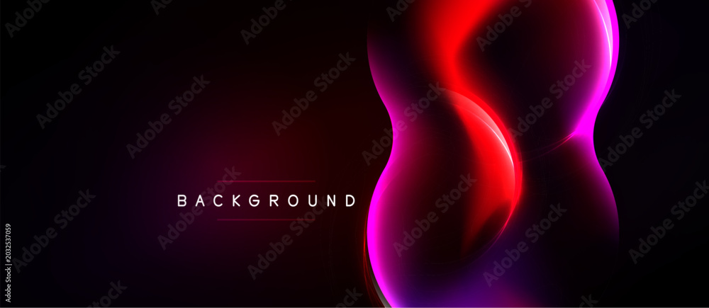 Naklejka premium Abstract design features glowing curves, vibrant colors. Dark background emphasizes bright shapes, creating dynamic visual effect.