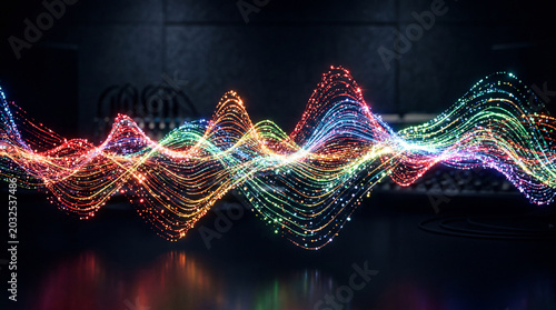 Abstract sound waves made from glowing colored particles floating over a dark and artistic background