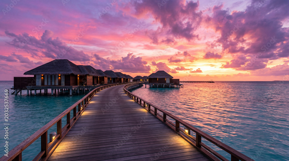 Obraz premium Beautiful Sunset At Luxury Maldivian Resort Showing Pristine Wooden Jetty Stretching To Tropical Ocean Waters