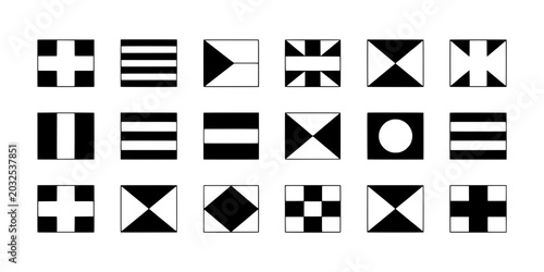 Flags nautical set with black and white patterns and symbols featuring maritime signals, maritime communication, flag designs with flag icons and