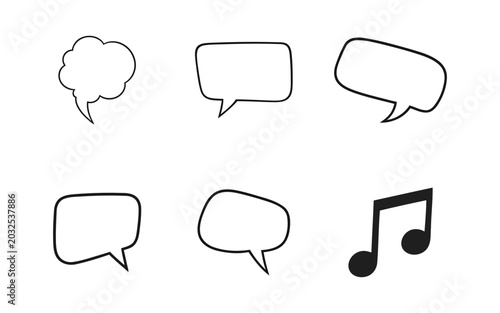 Set of speech and music icons in black and white isolated on transparent background
