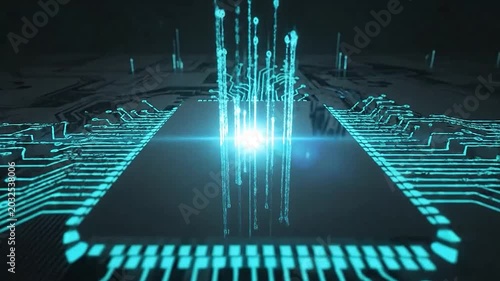 Bright light illuminates a central processing unit on a futuristic circuit board