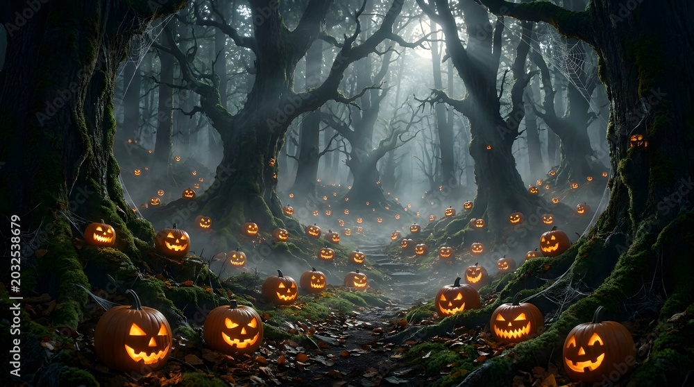 Obraz premium A mystical and eerie Halloween forest scene filled with glowing jack-o'-lanterns illuminating a mossy path under ancient, gnarled trees.