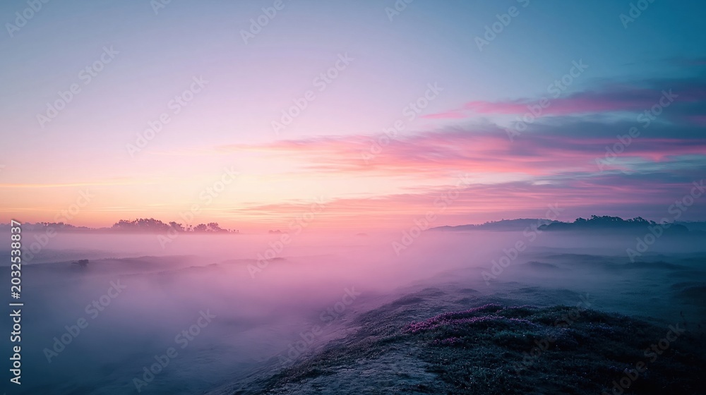 Fototapeta premium Serene Sunrise Over Misty Mountains with Soft Pink and Blue Sky Hues