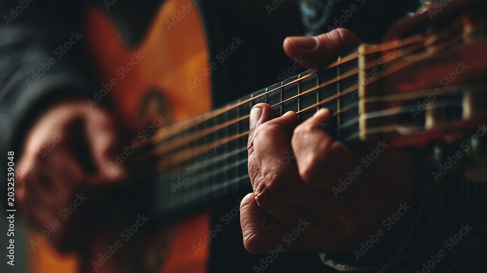 Fototapeta premium Close-up shot of a musician's hands playing a classical acoustic guitar with shallow depth of field