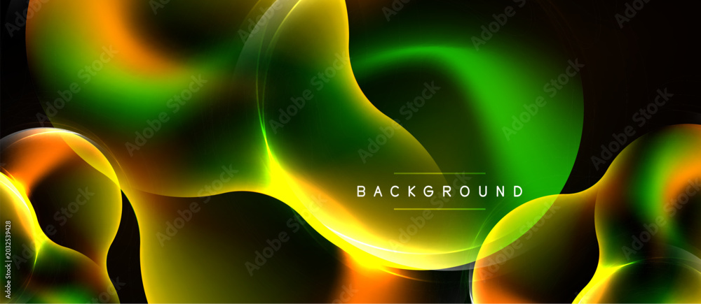 Naklejka premium Abstract fluid shapes, vibrant colors blend. Dynamic composition creates modern background. Green, orange, yellow hues dominate dark space.