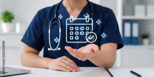 A healthcare professional sitting at a desk with a stethoscope and calendar icon