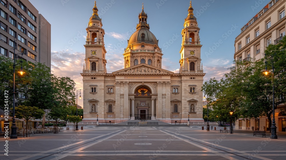 Obraz premium Majestic European Basilica Facade with Twin Towers and Dome, Bathed in Golden Hour Light, City Square Plaza