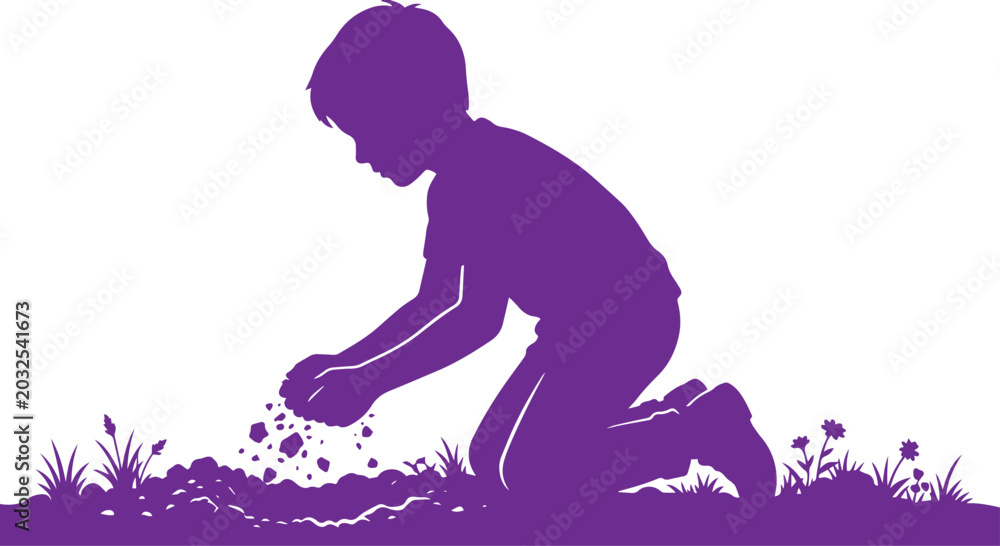 Fototapeta premium Child playing in garden, young boy silhouette kneeling and digging in dirt, kid exploring nature, vector illustration for childhood and outdoor activity isolated PNG with Transparent Background