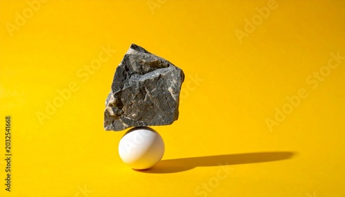 Heavy rock balancing on fragile egg against bright yellow background