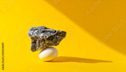 Heavy rock balancing on fragile egg against bright yellow background