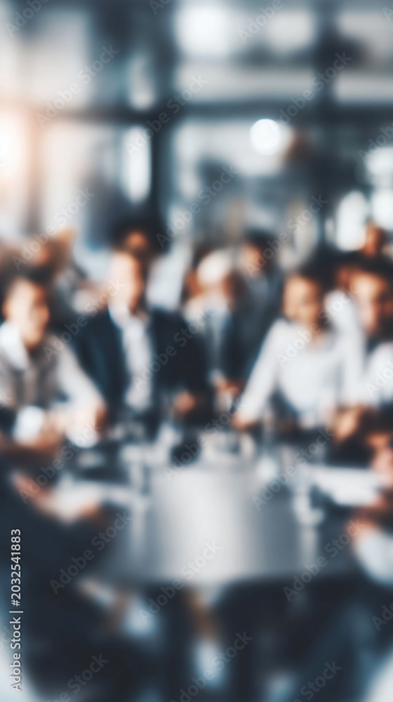 Fototapeta premium Blurred Business Meeting with Diverse Professionals Collaborating Around a Conference Table Indoors