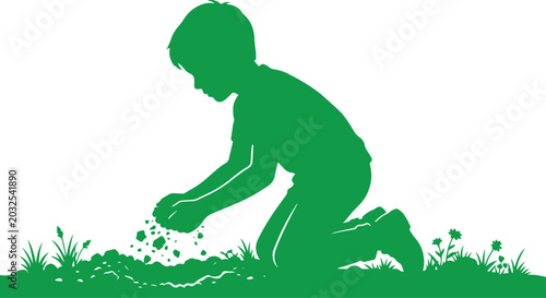 Fotografie Child planting seeds, a green silhouette vector illustration of a young boy gard