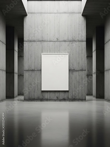 Minimalist brutalist architectural interior with blank white poster mockup on concrete wall