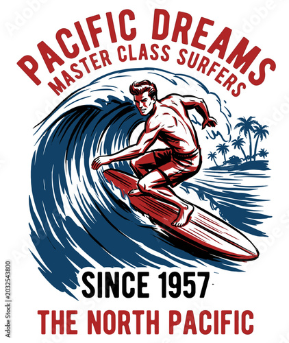 Slika na platnu Retro Pacific Dreams surf graphic featuring a muscular man riding a cresting barrel wave, with palm trees on the horizon, vintage typography, and a dynamic two-tone illustration style