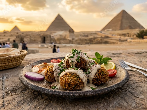 Falafel plate with tahini sauce overlooking the great pyramids of giza