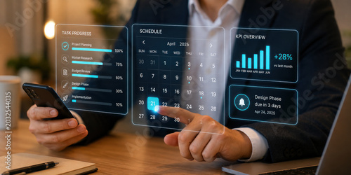 A businessman analyzing data on a digital interface while sitting at a desk