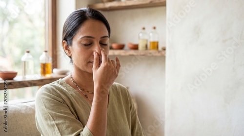 Woman practicing alternate nostril breathing, a yogic breathing technique.