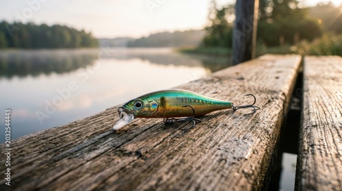 Fishing lure resting on a wooden pier at sunrise over a calm lake